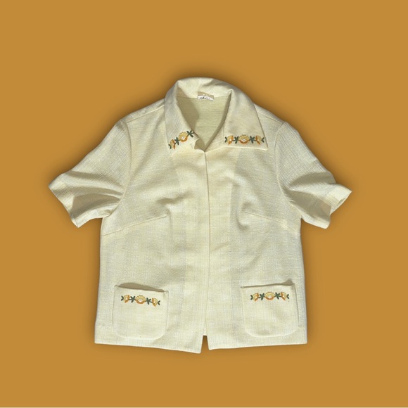 80s Amy Adams Vintage Floral embroidered Pastel Yellow Blouse Double Pocket - Picture 1 of 4